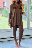 Yellow Casual Letter Print Split Joint V Neck Long Sleeve Two Pieces