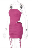 Rose Red Sexy Solid Draw String Backless Strapless Sleeveless Two Pieces