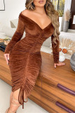 Pink Fashion Sexy Solid Bandage Draw String V Neck Long Sleeve Dresses