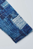 Blue Casual Print Turtleneck Mid Waist Tops