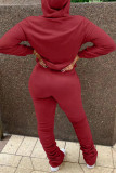 Red Fashion Casual Print Fold Hooded Collar Long Sleeve Two Pieces