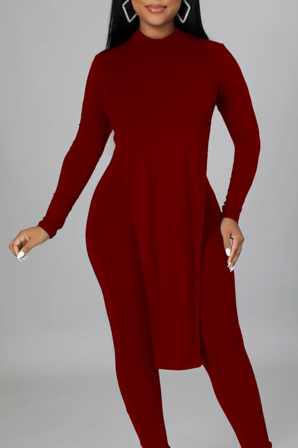 Burgundy Sexy Solid Patchwork Chains Backless O Neck Long Sleeve Two Pieces