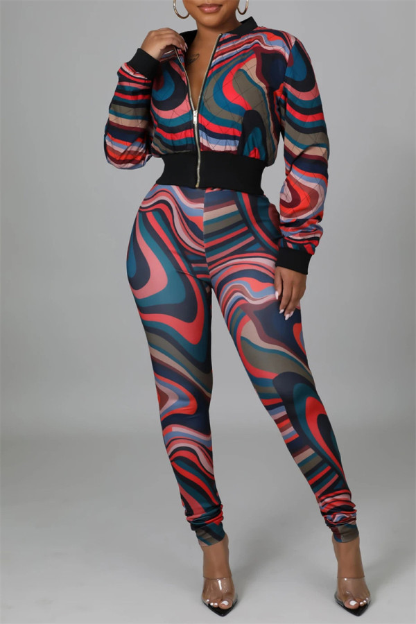 Multi-color Fashion Casual Print Cardigan Pants Zipper Collar Long Sleeve Two Pieces