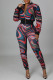 Multi-color Fashion Casual Print Cardigan Pants Zipper Collar Long Sleeve Two Pieces
