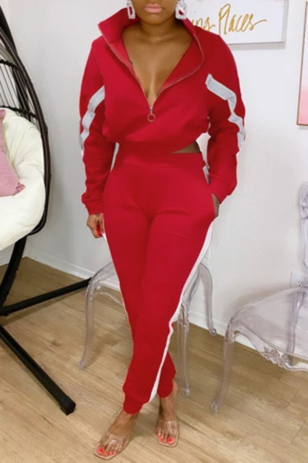 Red Fashion Casual Solid Split Joint Zipper Collar Long Sleeve Two Pieces