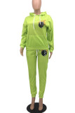 Fluorescent Green Casual Print Patchwork Hooded Collar Long Sleeve Two Pieces