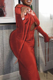 Orange Fashion Sexy Solid Hollowed Out Asymmetrical O Neck Long Sleeve Dresses