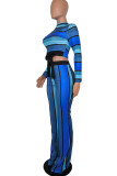 Blue Casual Striped Print Split Joint O Neck Long Sleeve Two Pieces