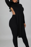 Black Sexy Solid Patchwork Chains Backless O Neck Long Sleeve Two Pieces