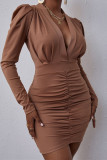 Khaki Fashion Sexy Solid Fold V Neck Long Sleeve Dresses