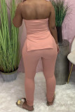 Pink Sexy Casual Solid Backless Slit Strapless Sleeveless Two Pieces