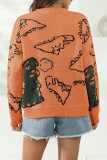 Tangerine Red Casual Print Patchwork O Neck Tops
