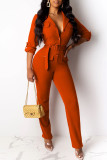Orange Fashion Casual Solid Pocket With Belt Turndown Collar Regular Jumpsuits