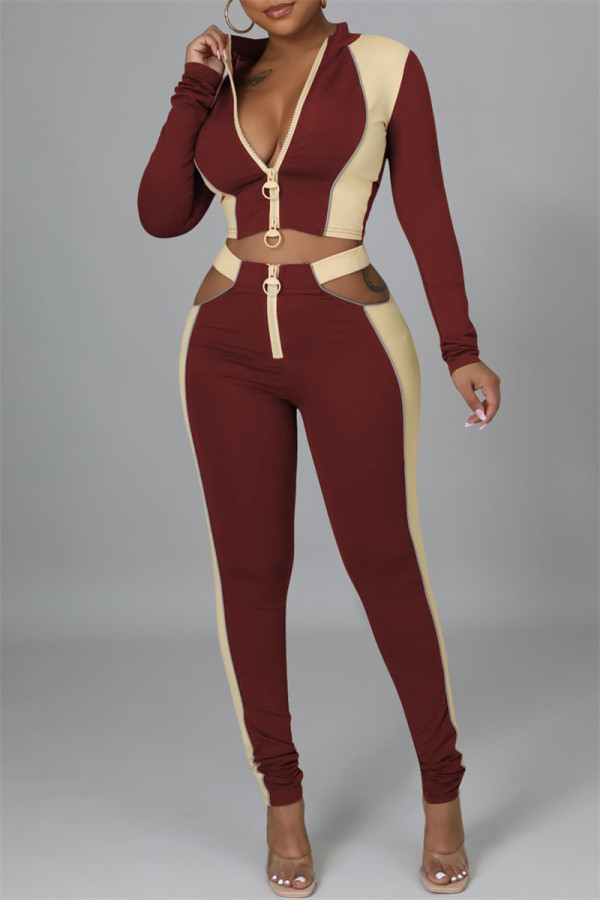 Brown Fashion Casual Patchwork Hollowed Out Zipper Collar Long Sleeve Two Pieces