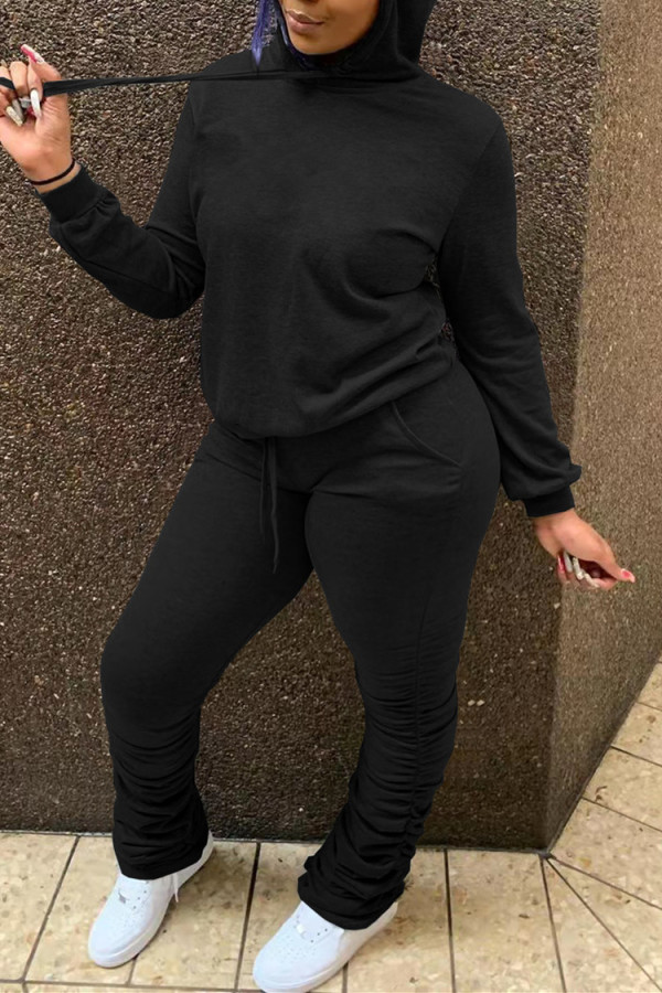Black Fashion Casual Solid Fold Hooded Collar Long Sleeve Two Pieces