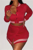 Red Fashion Casual Solid Patchwork Slit O Neck Long Sleeve Two Pieces