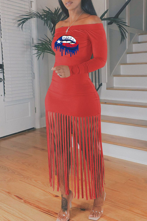 Red Sexy Print Tassel Patchwork Off the Shoulder Dresses