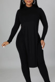 Black Sexy Solid Patchwork Chains Backless O Neck Long Sleeve Two Pieces