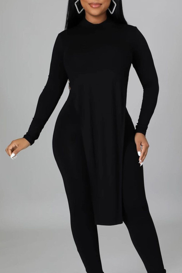 Black Sexy Solid Patchwork Chains Backless O Neck Long Sleeve Two Pieces