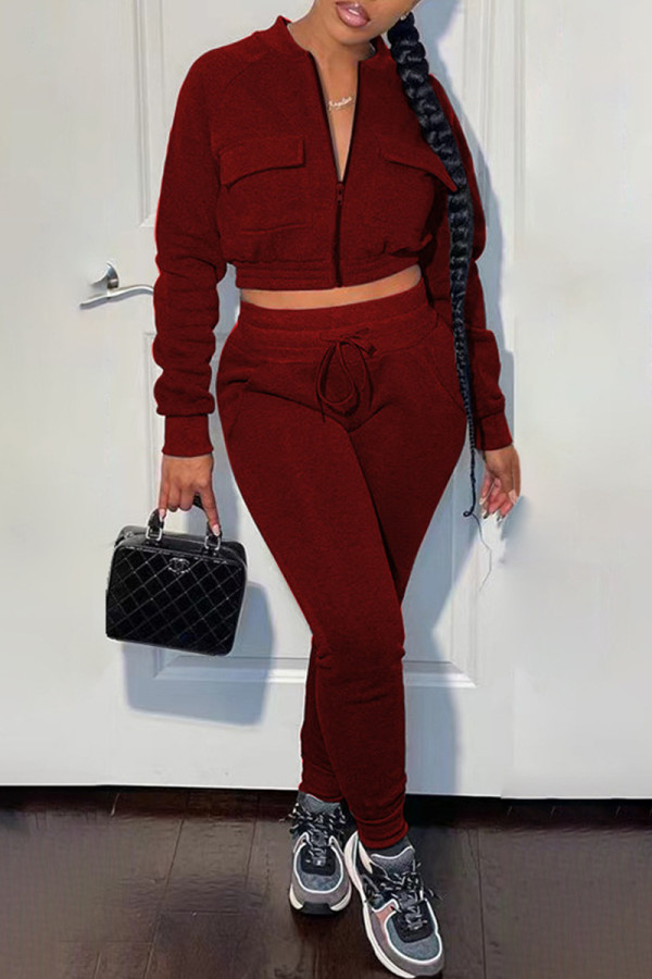 Burgundy Fashion Casual Solid Basic Zipper Collar Long Sleeve Two Pieces