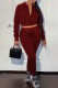 Burgundy Fashion Casual Solid Basic Zipper Collar Long Sleeve Two Pieces