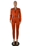 Orange Fashion Casual Solid Pocket With Belt Turndown Collar Regular Jumpsuits