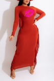 Green Casual Print Tassel Patchwork O Neck One Step Skirt Dresses