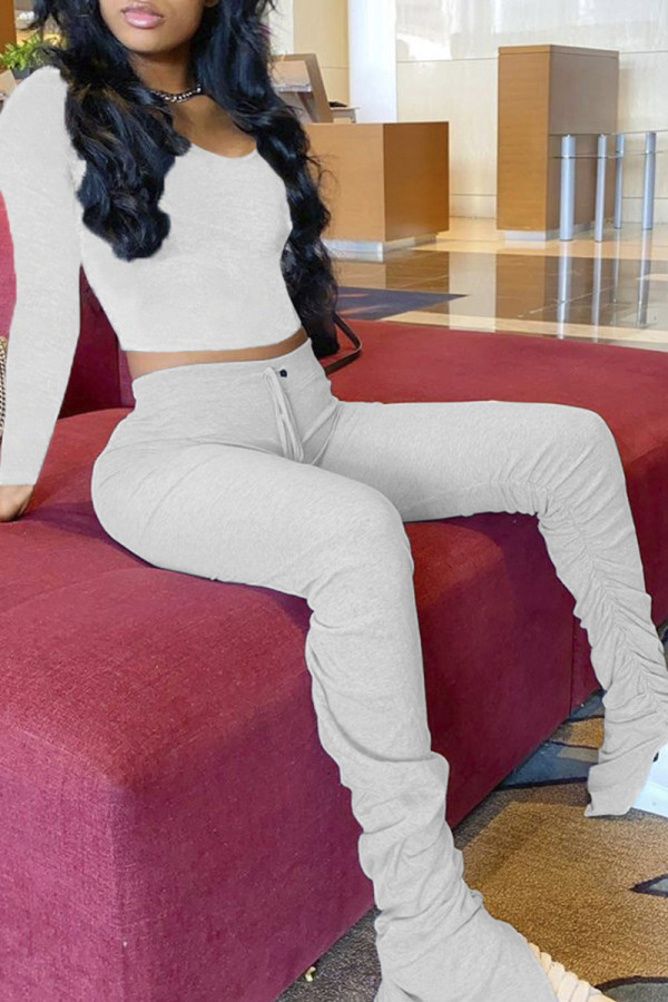 Grey Fashion Casual Solid Slit Fold V Neck Long Sleeve Two Pieces