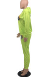 Fluorescent Green Casual Print Patchwork Hooded Collar Long Sleeve Two Pieces