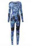 Blue Fashion Casual Print Basic O Neck Long Sleeve Skinny Jumpsuits (Without Belt)