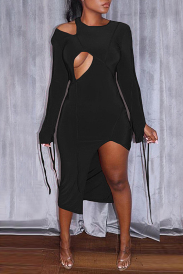 Black Fashion Sexy Solid Hollowed Out Asymmetrical O Neck Long Sleeve Dresses