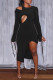 Black Fashion Sexy Solid Hollowed Out Asymmetrical O Neck Long Sleeve Dresses