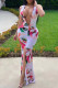 Colour Fashion Sexy Print Slit V Neck Sleeveless Long Dress