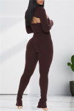 Burgundy Fashion Casual Solid Hollowed Out Turtleneck Long Sleeve Two Pieces