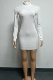 White Sexy Solid Patchwork Turtleneck One Step Skirt Dresses