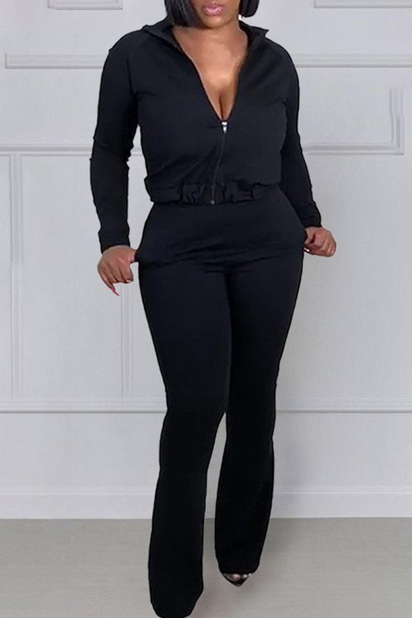 Black Casual Solid Patchwork Zipper Long Sleeve Two Pieces