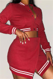 Red Fashion Casual Solid Patchwork Slit O Neck Long Sleeve Two Pieces