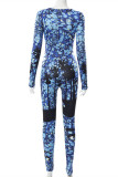 Blue Fashion Casual Print Basic O Neck Long Sleeve Skinny Jumpsuits (Without Belt)