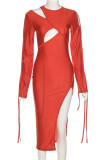 Orange Fashion Sexy Solid Hollowed Out Asymmetrical O Neck Long Sleeve Dresses