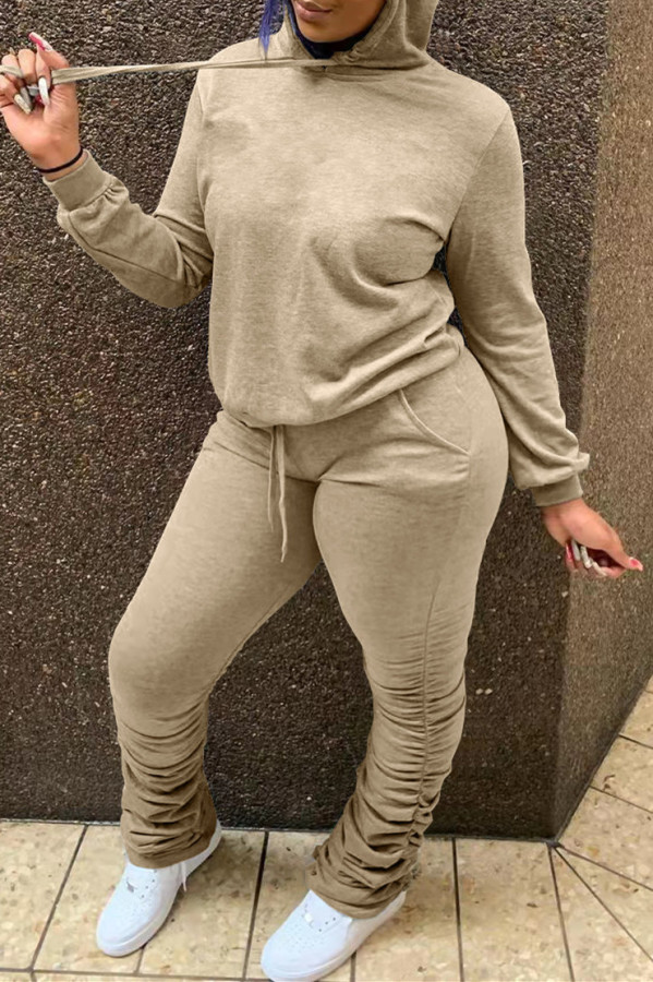 Khaki Fashion Casual Solid Fold Hooded Collar Long Sleeve Two Pieces