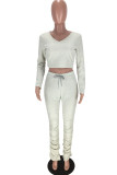 Grey Fashion Casual Solid Slit Fold V Neck Long Sleeve Two Pieces