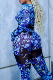 Blue Fashion Casual Print Basic O Neck Long Sleeve Skinny Jumpsuits (Without Belt)