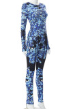 Blue Fashion Casual Print Basic O Neck Long Sleeve Skinny Jumpsuits (Without Belt)