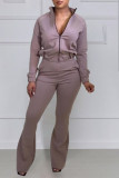 Coffee Casual Solid Patchwork Zipper Long Sleeve Two Pieces