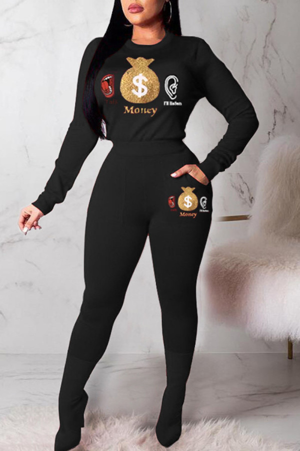 Black Casual Print Patchwork O Neck Long Sleeve Two Pieces