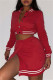 Red Fashion Casual Solid Patchwork Slit O Neck Long Sleeve Two Pieces