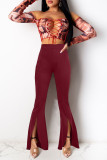 Watermelon Red Casual Solid Patchwork Slit Boot Cut High Waist Speaker Solid Color Bottoms