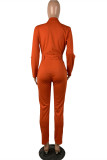 Orange Fashion Casual Solid Pocket With Belt Turndown Collar Regular Jumpsuits