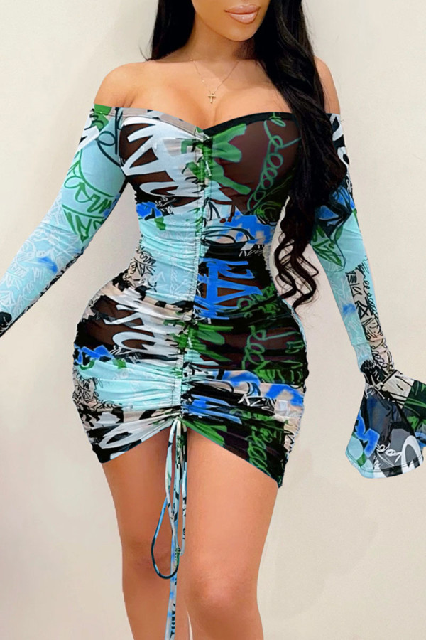 Blue Sexy Print Patchwork Draw String Off the Shoulder Sheath Dresses