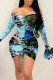 Blue Sexy Print Patchwork Draw String Off the Shoulder Sheath Dresses